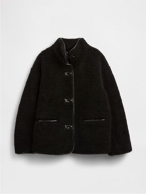 Black Sherpa Coat - Teddy - Shearling with Leather Trim